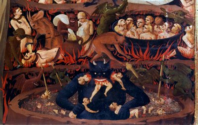 Le Jugement dernier : détail des Enfers. Damnés dans les cercles infernaux, tortures par des démons (détail) - Fra  Angelico