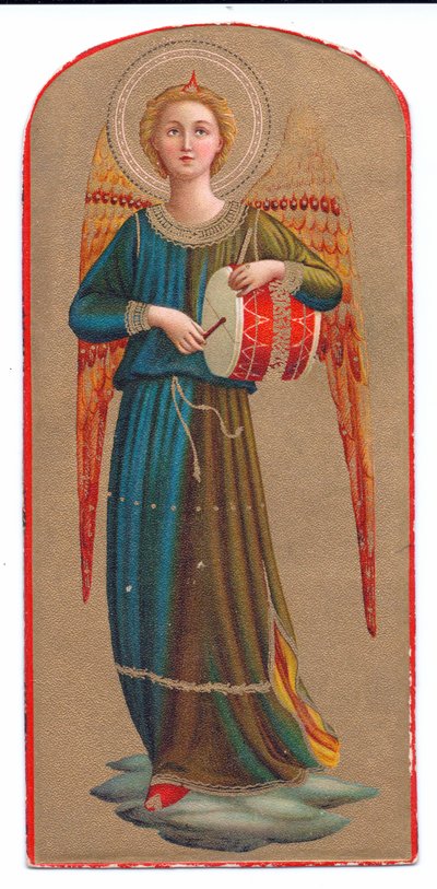 Lithographie en couleur de Fra Angelico, ange jouant du tambour, c.1910 - Fra Angelico