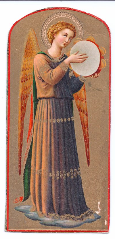 Lithographie en couleur de Fra Angelico, ange jouant du tambourin, c.1910 - Fra Angelico