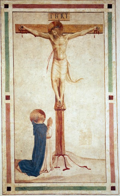 La crucifixion avec Saint Dominique. Inscription "INRI" sur la croix. Fresque de Guido di Pietro - Fra Angelico