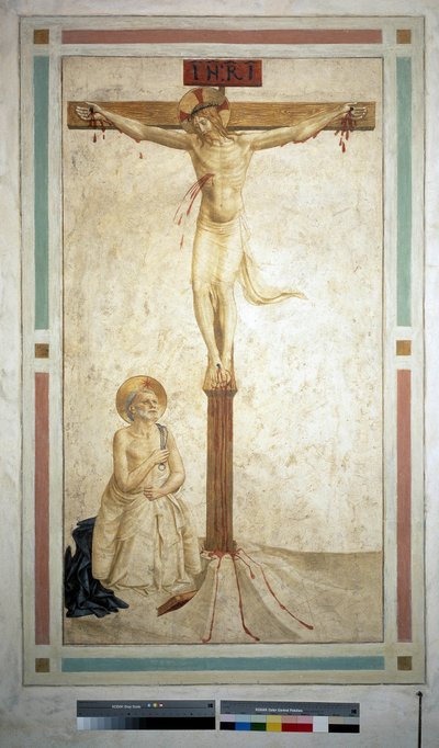 La crucifixion avec Saint Dominique. Inscription "INRI" sur la croix. Fresque de Guido di Pietro - Fra Angelico