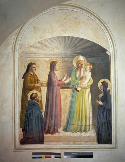 La présentation du Christ au temple. Saint Pierre, martyr, et la religieuse dominicaine Villana, observent la scène biblique. Fresque de Guido di Pietro - Fra Angelico
