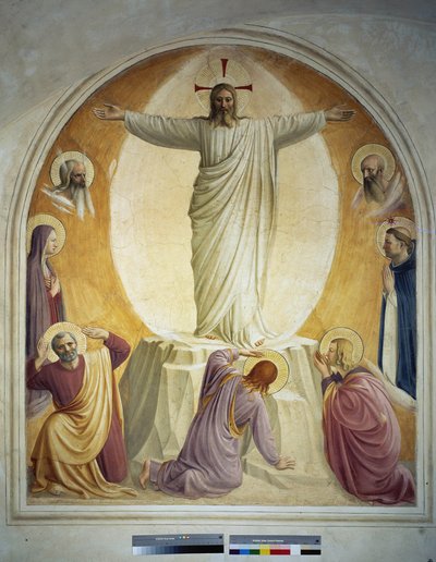 La transfiguration du Christ. Les visages de Moïse et Élie sont représentés en fond. En dessous on voit la Vierge et Saint Dominique. Puis au sol, 3 des apôtres. Fresque de Guido di Pietro - Fra Angelico