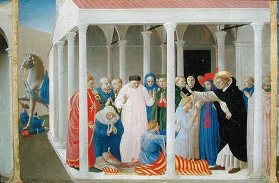 La Résurrection de Napoléon Orsini par Saint Dominique, du panneau de prédelle du Couronnement de la Vierge, c.1430-32 - Fra Angelico