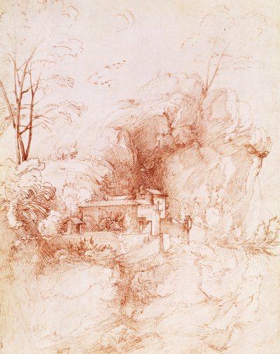 Paysage rocheux avec monastère, dessin par Fra Bartolomeo - Fra Bartolomeo
