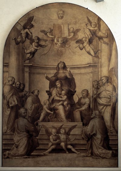 Pala del Gran Consiglio représentant Sainte Anne, la Vierge et les enfants Jésus et Saint Jean-Baptiste entourés de saints - Fra Bartolommeo