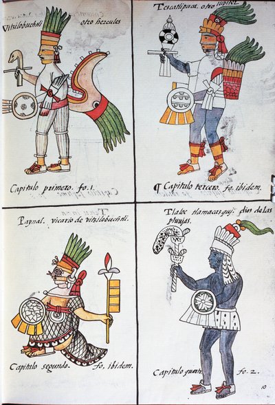 Dieux des anciens Mexicains, Huitzilopochtli, Tezcatlipoca, Tlaloc et Paynal - Fra Bernadino da Sahagun