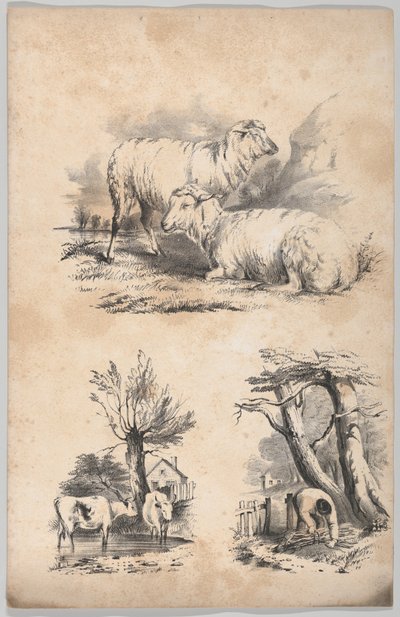 Vignette avec deux moutons, Vignette avec deux vaches dans une mare, et Vignette d