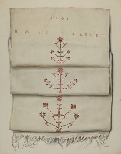 Serviette brodée allemande de Pennsylvanie - Frances Lichten