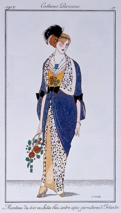 Costumes parisiens : Manteau de soirée en satin bleu cendré avec garniture irlandaise. Dessiné par Francisco Javier Gose (1876-1915) - Francesc Xavier Gosé