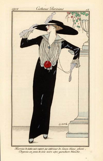 Femme en robe fourreau en satin noir, chapeau en soie noire - Francesc Xavier Gosé