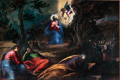 La prière au jardin des oliviers À droite, Judas arrive avec les soldats pour arrêter Jésus-Christ. Peinture de Francesco Bassano le jeune (ca. 1549-1592) Venise, Chiesa del Redentore, Italie - Francesco Bassano