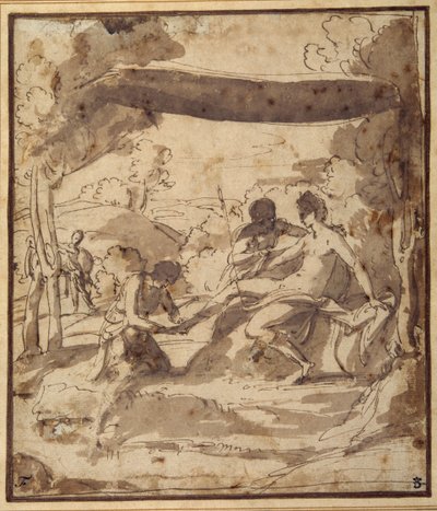 Vénus, allongée sous un auvent rustique, avec Adonis attachant sa sandale - Francesco Albani