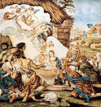 Crèche, assiette en majolique peinte, par Francesco Antonio Xaverio Grue, manufacture d