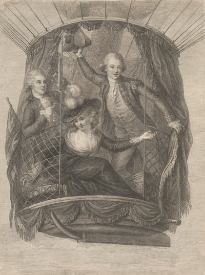 Ascension de Madame Sage, Chevalier Biggin et Capitaine Vincent Lunardi en montgolfière, 20 juin 1785 - Francesco Bartolozzi