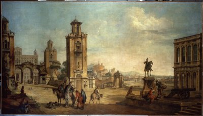 Scène de rue dans une ville, la grande place avec monuments - Francesco Battaglioli