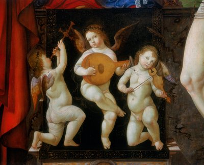 Trois anges musiciens. Détail du retable de la Madone en trône avec les saints Jérôme et Sébastien, par Francesco Bianchi Ferrari, église de San Pietro, Modène - Francesco Bianchi Ferrari
