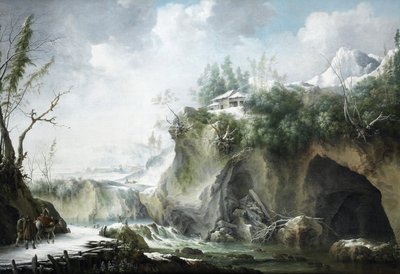 Paysage fluvial en hiver, avec des voyageurs sur un chemin enneigé - Francesco Foschi