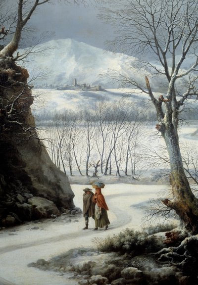 Couple sur la route en plein hiver. Peinture de Francesco Foschi (? - 1805) - Francesco Foschi