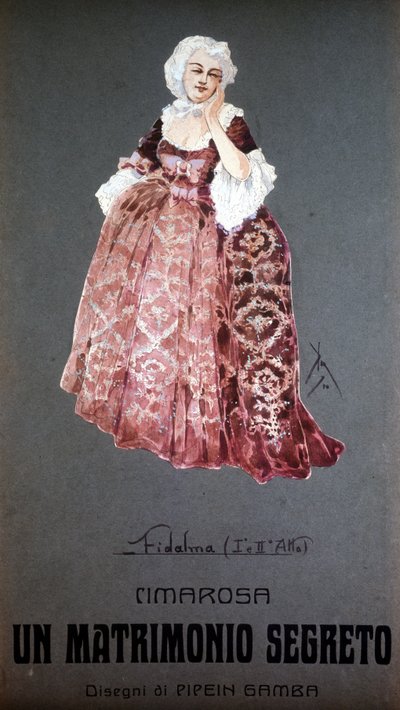 Personnage « Fidalma » dans « Le Mariage secret » (Matrimonio Segreto) de Domenico Cimarosa (1749 - 1801). Costume de F. Gamba - Scala de Milan - Francesco Gamba