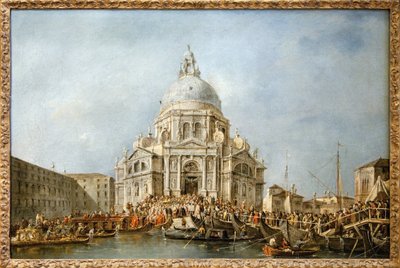 Le Doge de Venise se rend à la Salute de Venise, Chaque année le 21 novembre, le Doge se rendait à la Basilique de Santa Maria della Salute, édifiée en remerciement pour la fin de la peste de 1630, afin de remercier la Vierge pour cette délivrance, un pont - Francesco Guardi