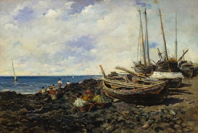 Pêcheurs avec bateaux sur le rivage - Francesco Lojacono