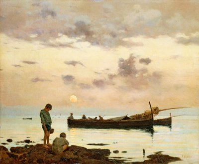 Marina avec bateau de pêche et garçons, par Francesco Lojacono - Francesco Lojacono