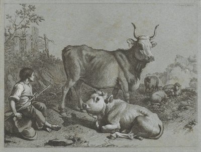 Jeune berger avec deux bœufs et trois moutons
Scènes pastorales (titre de la série) - Francesco Londonio