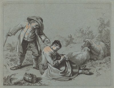 Paysanne taquinant une fille endormie avec une brindille - Francesco Londonio