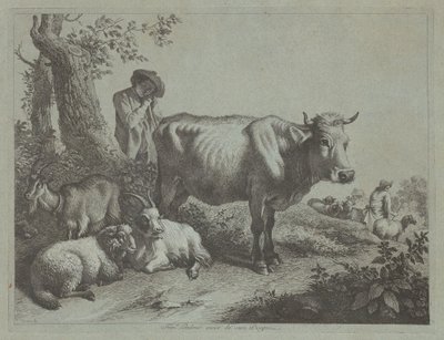 Vache debout et un berger avec son troupeau - Francesco Londonio