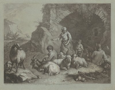 Femme, bergers et moutons près d