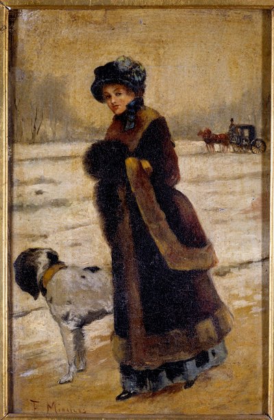 Jeune femme avec un chien Jeune bourgeoise portant une fourrure et une manche. Peinture de Francisco Miralles Galup (1848-1901) 19ème siècle Collection privée - Francesco Miralles Galaup