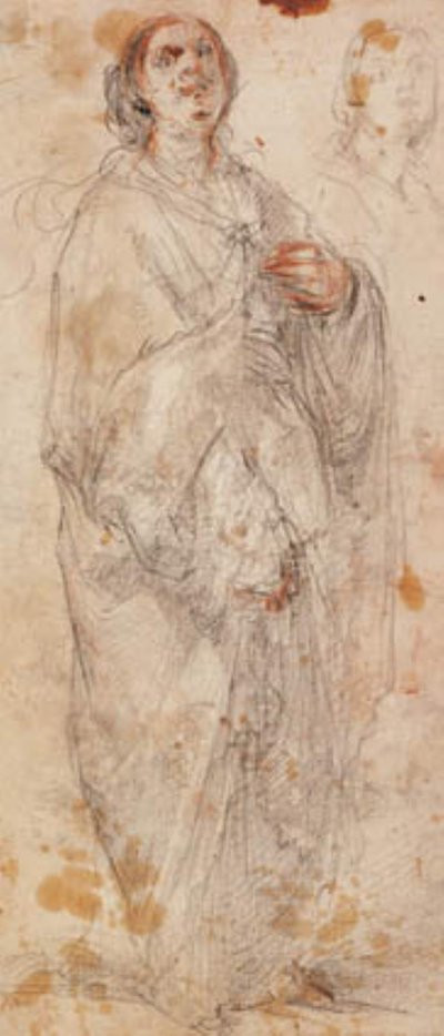 Femme lourdement drapée, debout, regardant vers le haut, et une esquisse de sa tête - Francesco Montelatici