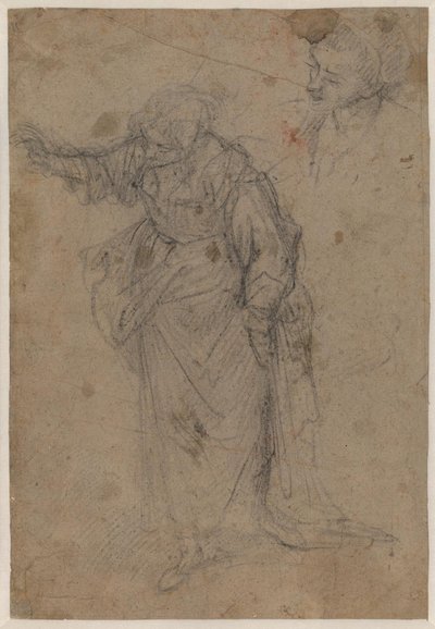 Femme lourdement drapée, debout, tournée vers la droite et regardant vers le bas avec son bras droit tendu, et une esquisse pour une tête - Francesco Montelatici