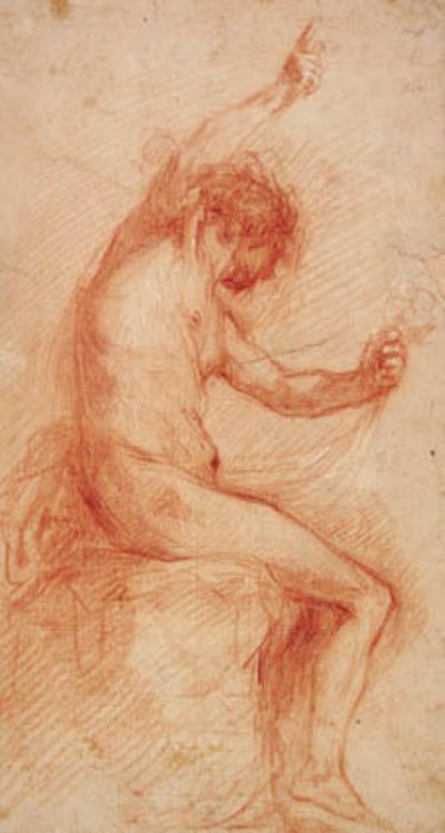 Homme assis de profil vers la droite regardant vers le bas tenant un drapé dans sa main gauche, pointant vers le haut avec sa main droite - Francesco Montelatici