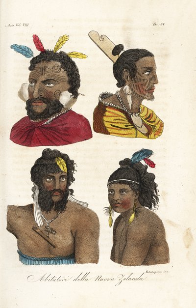Portraits de guerriers maoris, hommes et garçons néo-zélandais avec des tatouages faciaux et des plumes dans les cheveux. Gravure sur cuivre coloriée à la main par Francesco Rosaspina d