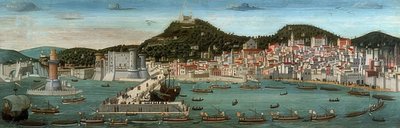 Tavola Strozzi. Vue de Naples, la flotte des Aragonais entre dans le port le 12 juillet 1465 - Francesco Rosselli