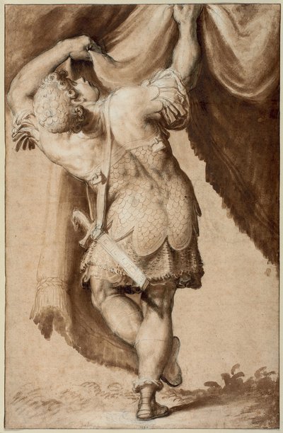 Jeune guerrier, vu de derrière, levant un rideau - Francesco Salviati