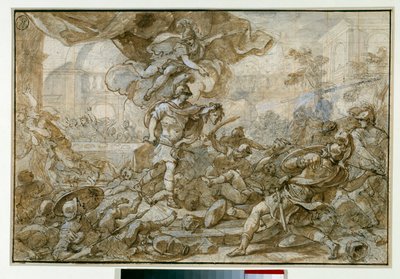 Mythologie : Persée utilisant la tête de Méduse pour changer Phinée et ses soldats en pierre. Dessin de Francesco Solimena dit l