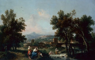 Paysage boisé avec lavandières au bord d