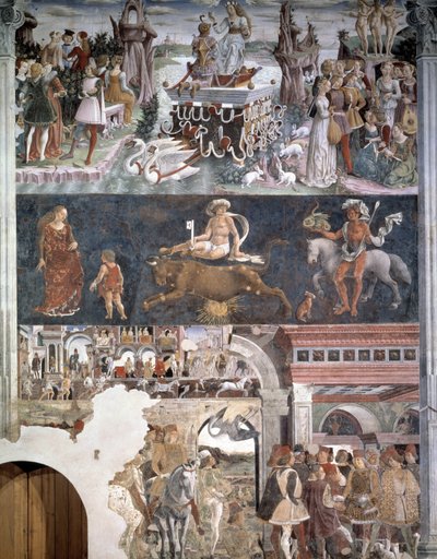 Avril. En haut : le Triomphe de Vénus (Aphrodite) avec les Trois Grâces et des couples s