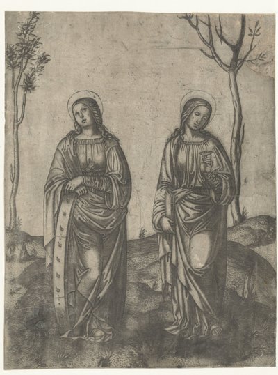 Sainte Catherine avec roue brisée et Lucie avec yeux sur un plateau - Francesco di Francia (attributed to)