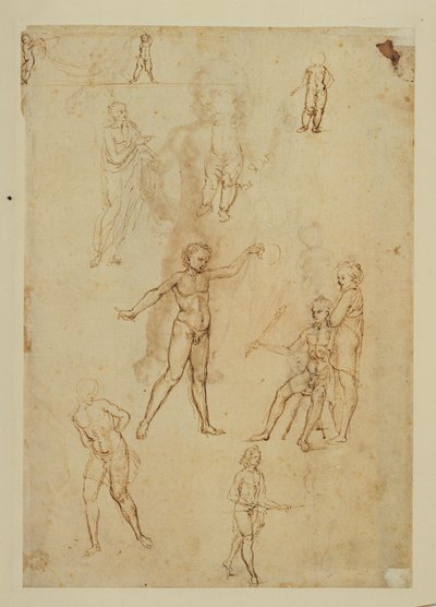 Études de figures. Plume et encre brune, plume métallique Papier de couleur rose ... - Francesco di Simone (attr. to)