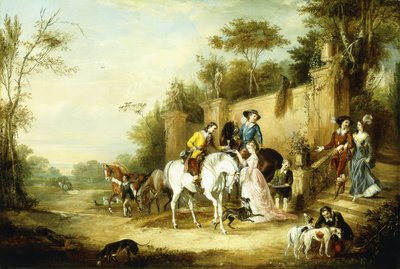 Une partie de chasse au faucon partant des marches d