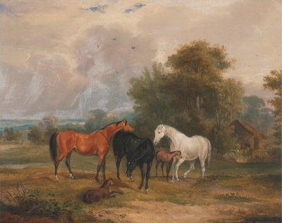 Chevaux paissant : Juments et poulains dans un champ - Francis Calcraft Turner
