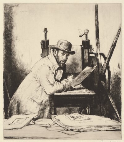 Portrait de Muirhead Bone appuyé sur une presse à gravure - Francis Dodd