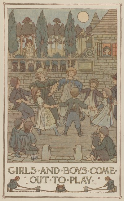 Les filles et les garçons sortent pour jouer (lithographie couleur) - Francis Donkin Bedford