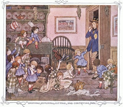 "Snipping, stitching, cutting and contriving, Papa", extrait de The Magic Fishbone publié par Warne  Co, c.1940 (lithographie en couleur) - Francis Donkin Bedford