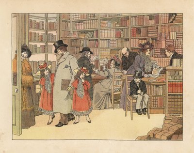 Clients victoriens dans une librairie. Chromolithographie d