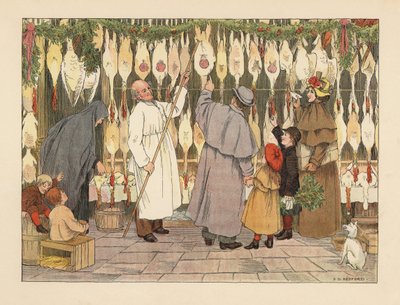 Famille victorienne choisissant une dinde pour Noël chez le volailler. Boucher en blouse avec un crochet en train d